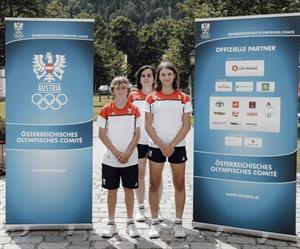Julia Placek, Caspar Rupp-Goldgruber und Obfrau Birgit Burkart-Placek beim Kick-off der Olympischen Jugendspiele Maribor, in Spital am Pyhrn, Juli 2023 